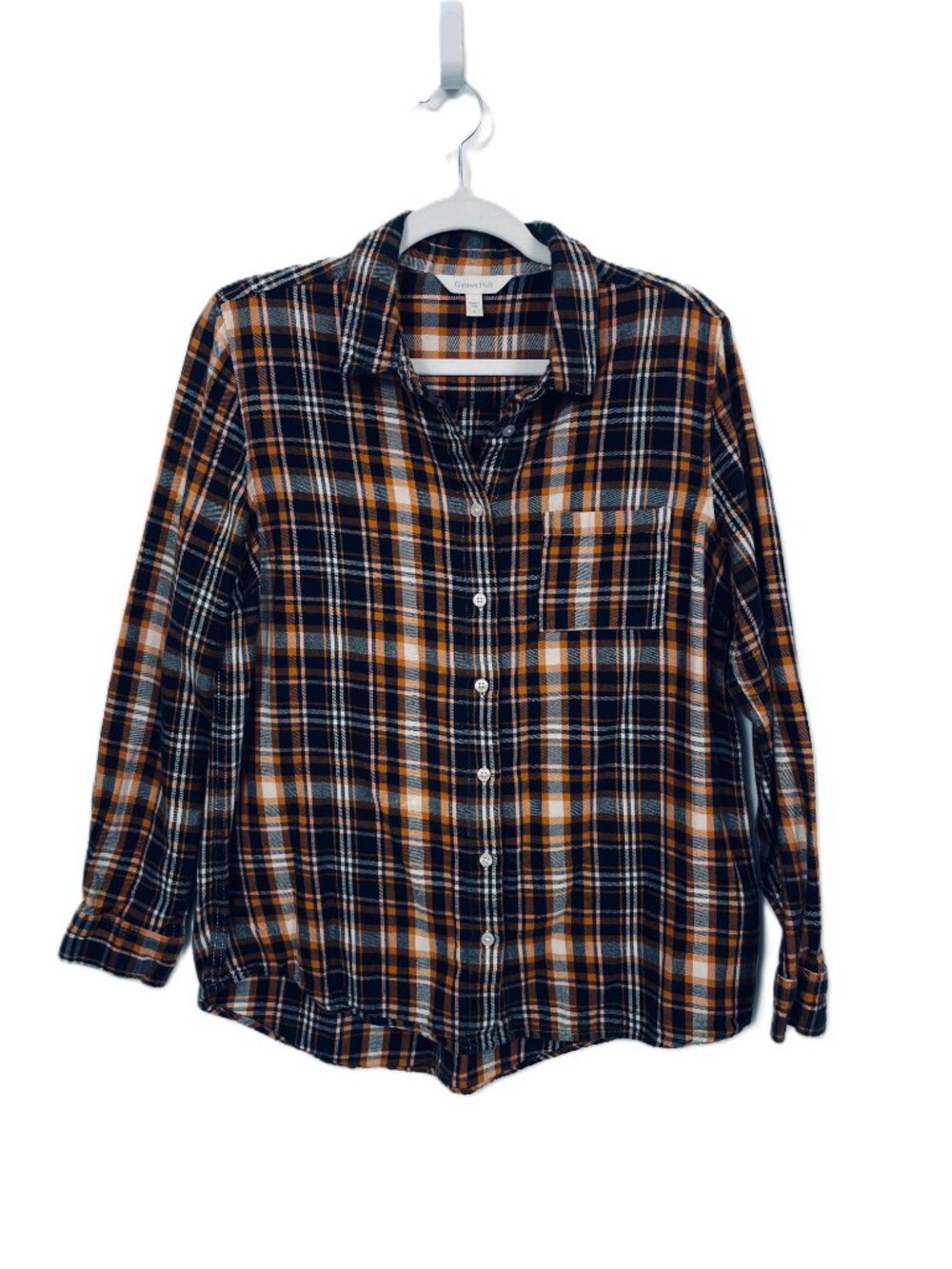 Women's Garnet Hill Black and Orange Plaid Button Down Flannel Shirt Size: 8
